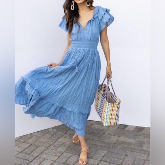 Cleobella Santana Ankle Dress Sky Blue Ruffled Dress - Picture 10 of 10